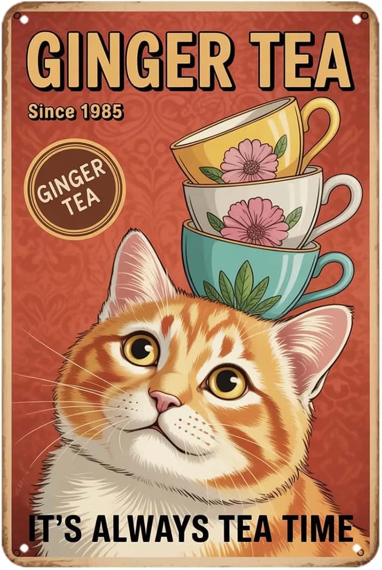 Ginger Tea - かわいい猫のジンジャーティーの缶の形をしたサイン。面白い動物のイラストが描かれた、ヴィンテージ風の金属製サイン。キッチン、バー、カフェ、寝室、家のパティオ、屋外など、壁の装飾に最適。